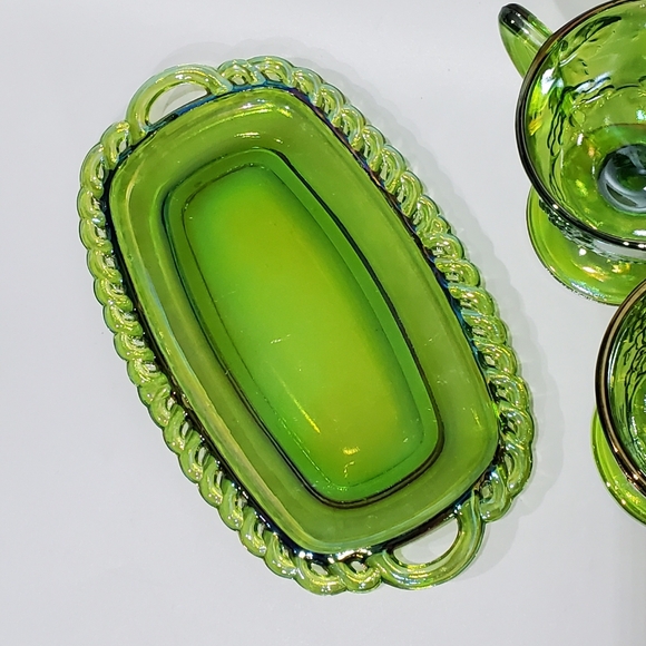 Irredescent Green Carvinal  Glass Tray Open Sugar Cream Pitcher Grape Harvest - Picture 9 of 16